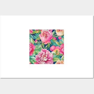 Pink watercolor peonies on navy blue Posters and Art